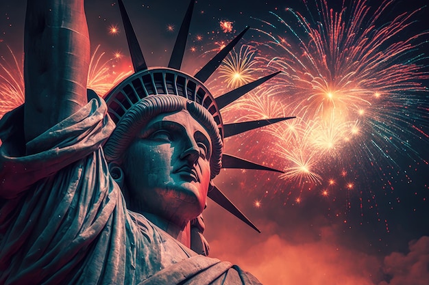 Foto fuegos artificiales del 4 de julio y la estatua de la libertad