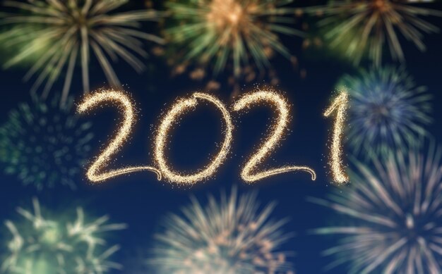 Foto fuegos artificiales de año nuevo 2021, felices fiestas y concepto de año nuevo
