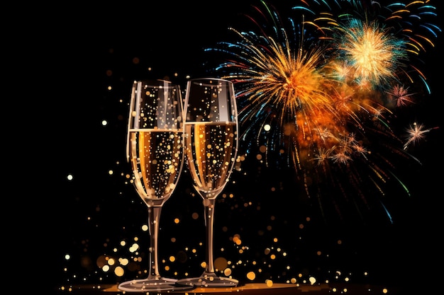Fuegos artificiales de Año Nuevo y copas de champán.