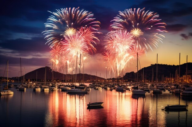 Fuegos artificiales en la bahía reflejados en el agua