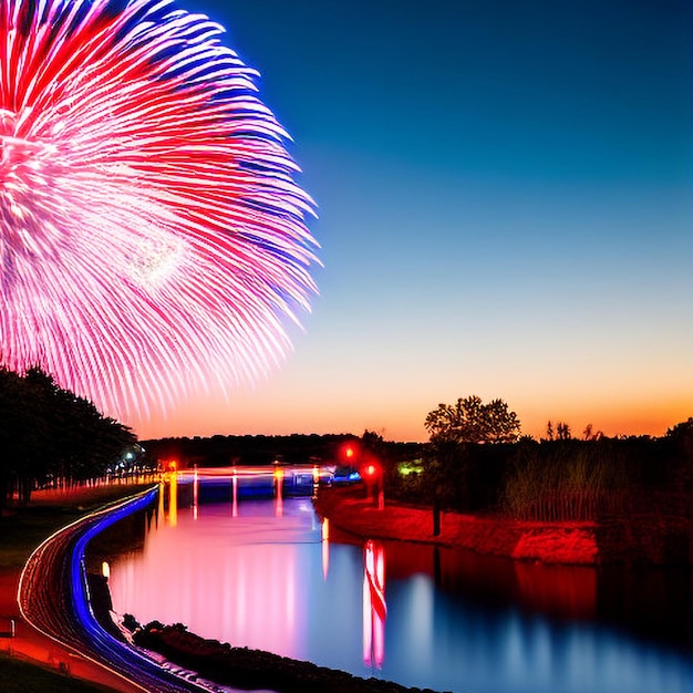 Fuegos artificiales de celebración en el cielo nocturno para el diseño festivo el 4 de julio