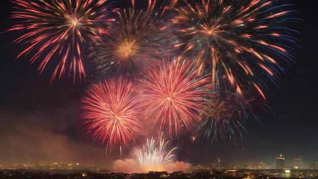 Fuegos artificiales de celebración en honor del primer plano del año nuevo