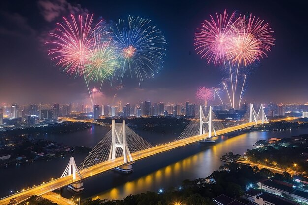 Foto fuegos artificiales celebrando sobre el puente colgante bhumibol por la noche en la ciudad de bangkok, tailandia