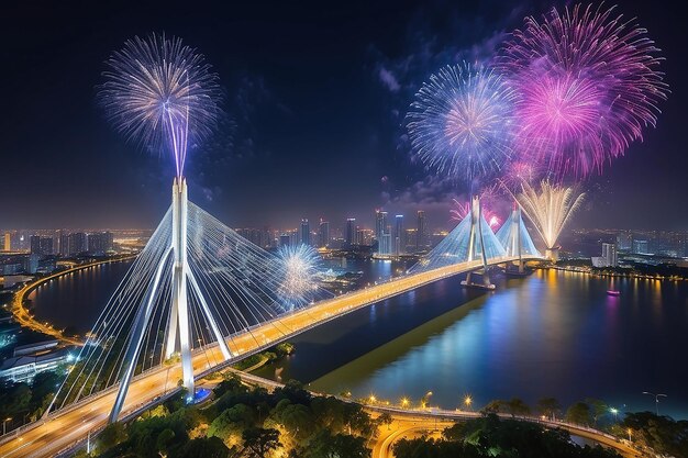 Foto fuegos artificiales celebrando sobre el puente colgante bhumibol por la noche en la ciudad de bangkok, tailandia