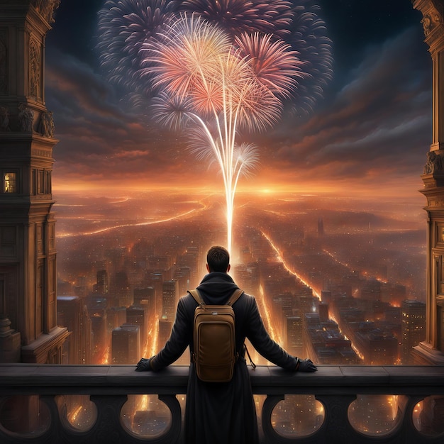 Fuegos artificiales en el cielo de una ciudad de fantasía El Año Nuevo cambia la imagen generada por la IA