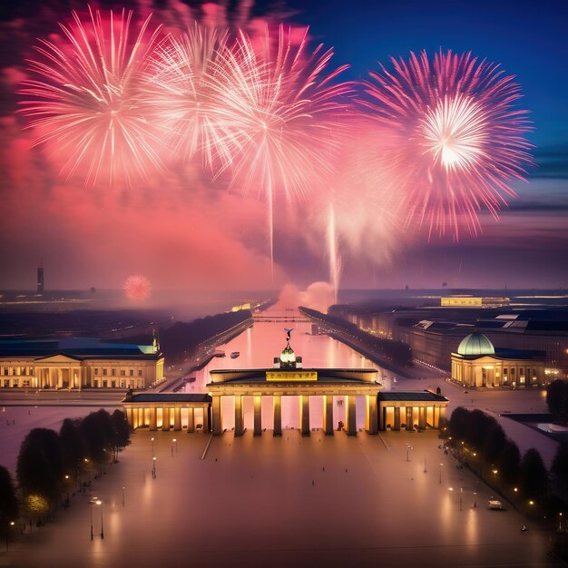 Fuegos artificiales en el cielo de una ciudad de fantasía El Año Nuevo cambia la imagen generada por la IA