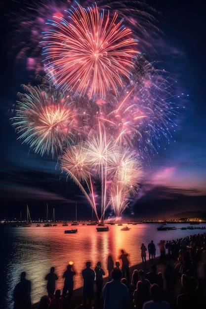 Fuegos artificiales en el cielo con gente mirando