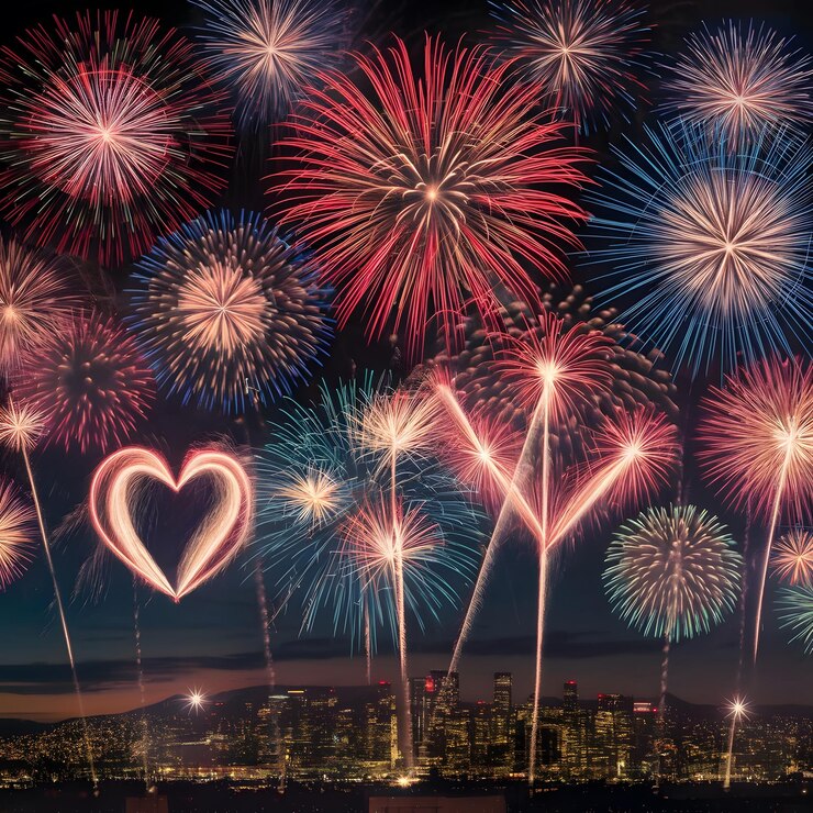 fuegos artificiales en el cielo nocturno con un corazón en el medio