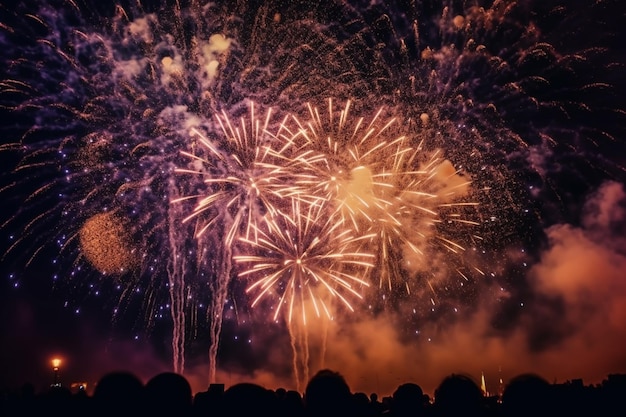 Fuegos artificiales en el cielo nocturno con gente mirando