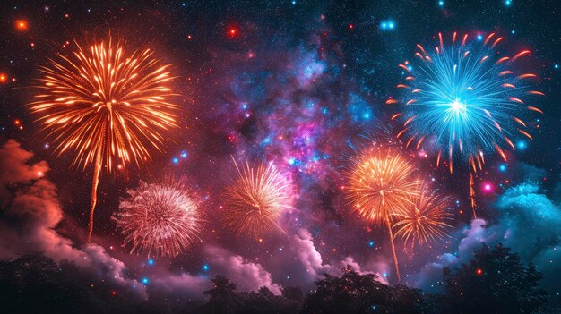 Fuegos artificiales en el cielo oscuro vacaciones nuevo estandarte de fondo HD