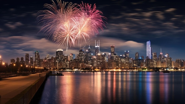 fuegos artificiales en el cielo sobre una ciudad con una ciudad al fondo