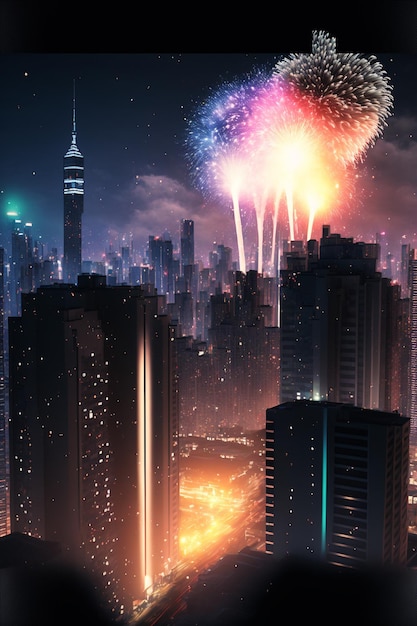 Fuegos artificiales en el cielo sobre una ciudad en la noche generativa ai