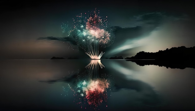 Fuegos artificiales en el cielo sobre un lago