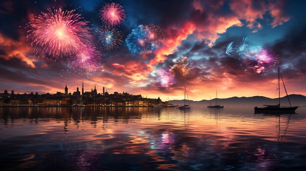 Fuegos artificiales coloridos sobre el agua en el cielo