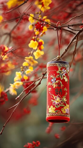 Foto fuegos artificiales decorativos con fondo de rama de ginkgo en el año nuevo chino vacaciones del año nuevo lunar