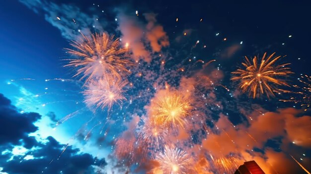 Fuegos artificiales en el día con cielo azul.