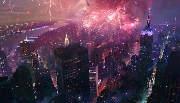 Los fuegos artificiales en los edificios de la ciudad