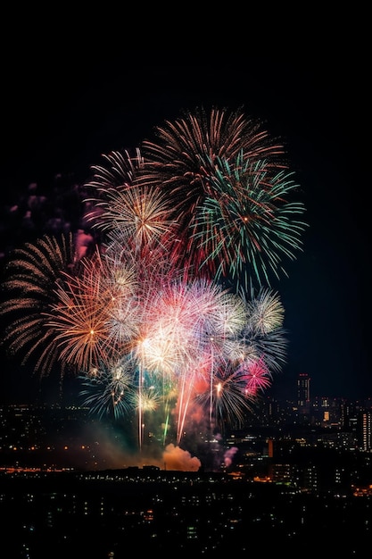 Los fuegos artificiales se encienden en el cielo nocturno sobre un ai generativo de la ciudad