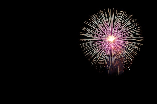 Los fuegos artificiales exhiben para la celebración en fondo negro, concepto del día de fiesta del Año Nuevo.