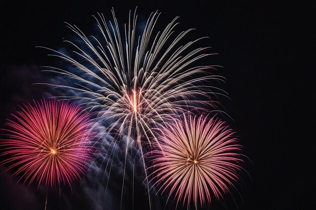 los fuegos artificiales explotan en la noche oscura diferentes colores iluminan la celebración