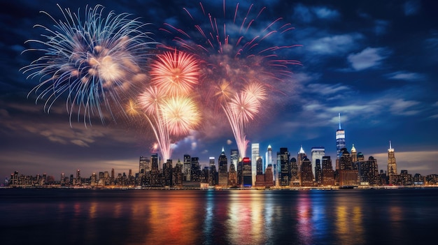 los fuegos artificiales explotan sobre el horizonte en el cielo nocturno.