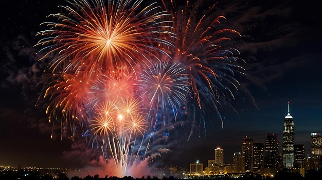 los fuegos artificiales explotan sobre el horizonte de una ciudad y una ciudad