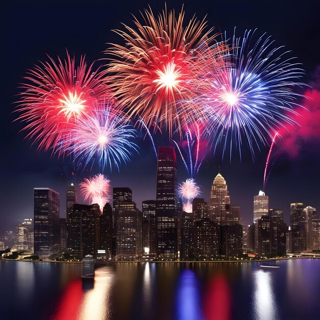 los fuegos artificiales explotan sobre el horizonte de la ciudad y el horizonte