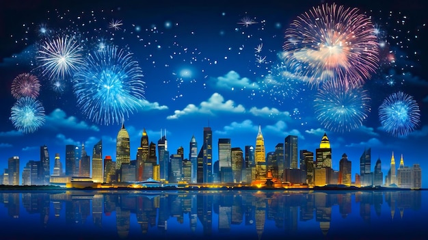 Fuegos artificiales festivos iluminan el horizonte nocturno de la ciudad en la víspera de Año Nuevo IA generativa