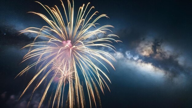 Fuegos artificiales con un fondo borroso de la Vía Láctea