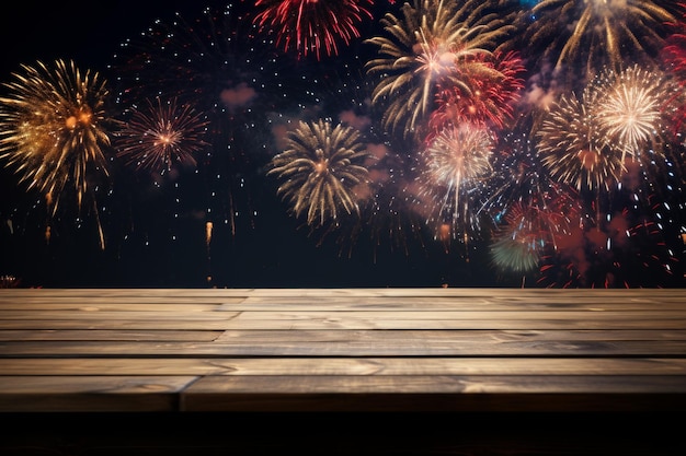 Foto fuegos artificiales con fondo de mesa de madera