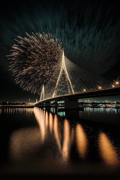 Los fuegos artificiales iluminan el cielo nocturno sobre un puente generativo ai