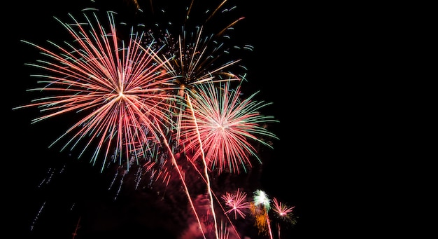 Los fuegos artificiales se iluminaron maravillosamente y llenaron el cielo negro oscuro con oro, rojo, rosa y verde.