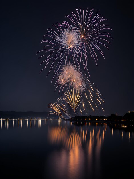Foto fuegos artificiales en el lago celebración del festival de diwali