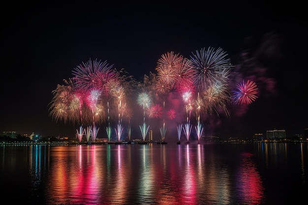 Fuegos artificiales en el lago frente a un paisaje urbano