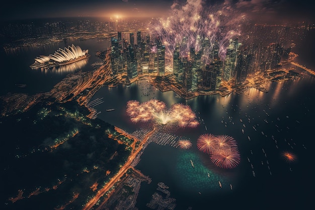 Los fuegos artificiales se muestran desde arriba en el Día Nacional de Singapur