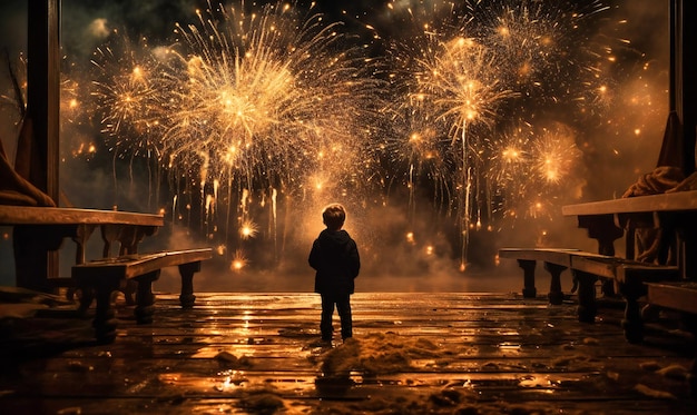 Los fuegos artificiales se muestran en la oscuridad con luces doradas