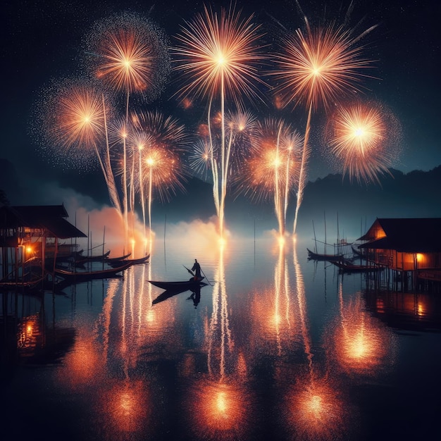 Fuegos artificiales navideños sobre el agua sobre el fondo del cielo negro