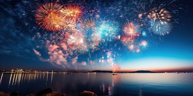 Fuegos artificiales de oro y plata en la víspera de Año Nuevo en el cielo nocturno