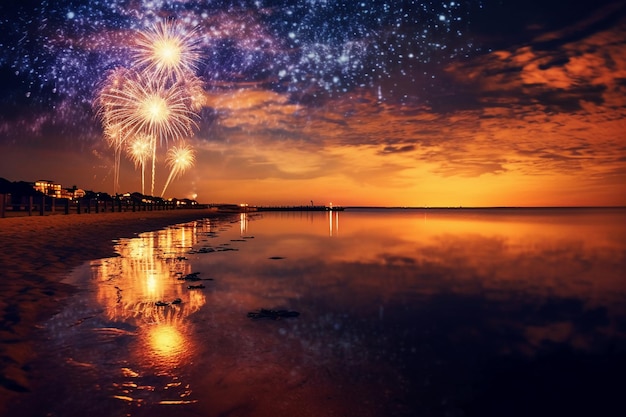 Fuegos artificiales en la playa al atardecer