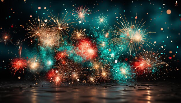 Fuegos artificiales que explotan en colores vibrantes iluminando el oscuro cielo nocturno generados por inteligencia artificial