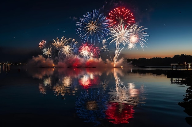 Fuegos artificiales rojos, azules y blancos sobre el agua con reflejo en el fondo del cielo negro.