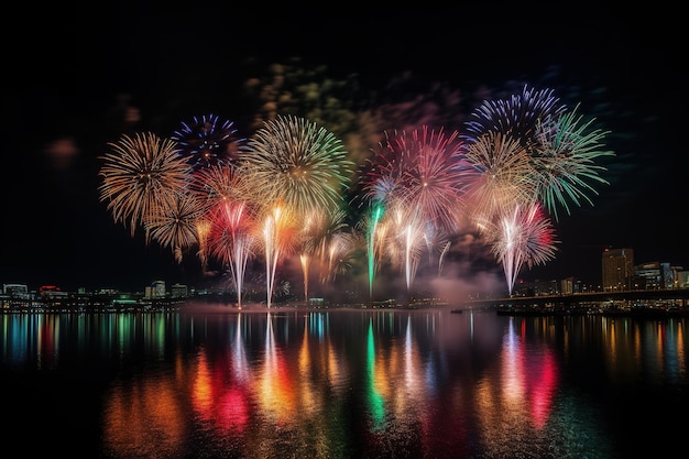 Fuegos artificiales sobre el agua por la noche con el reflejo del cielo.