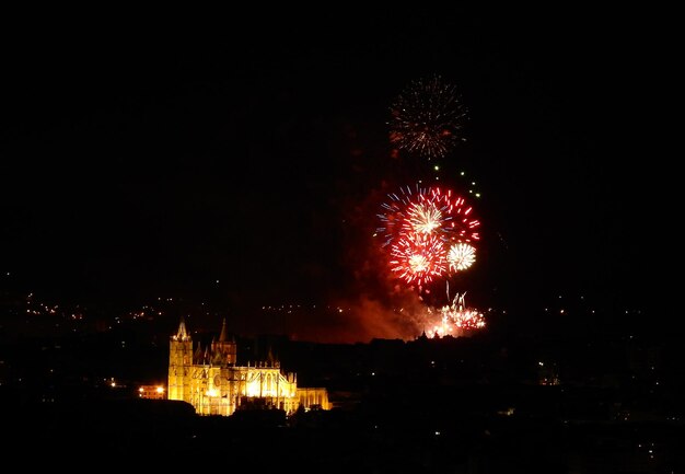 Foto fuegos artificiales sobre el cielo de la catedral de león