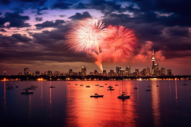 Fuegos artificiales sobre una ciudad con una ciudad al fondo