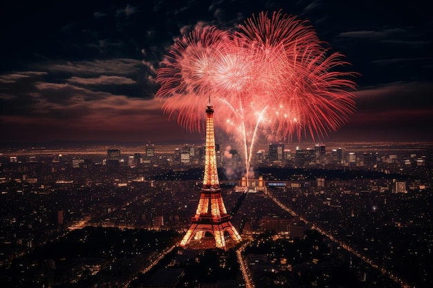 Fuegos artificiales sobre una ciudad Torre icónica hermosos fuegos artificiales de fondo textura ligera