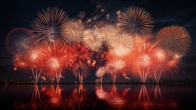 Fuegos artificiales sobre una ciudad.