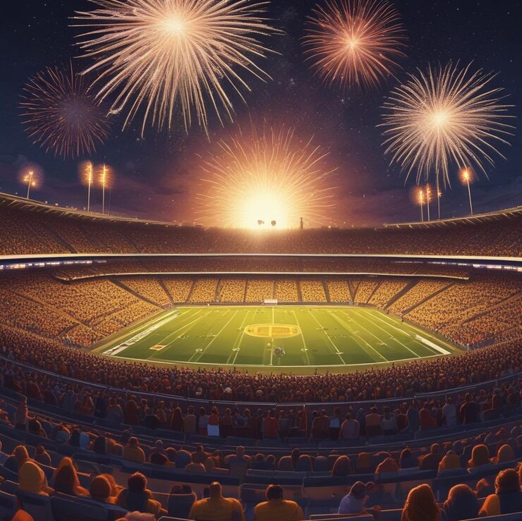 Fuegos artificiales sobre el estadio de fútbol