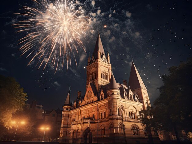 fuegos artificiales sobre una iglesia con una iglesia en el fondo.