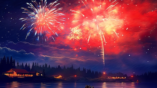 Fuegos artificiales sobre un lago con un cielo oscuro y una casa al fondo.