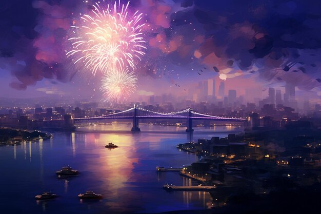 Fuegos artificiales sobre el paisaje urbano de Tokio con Rainbow Bridge Japón Pintura digital